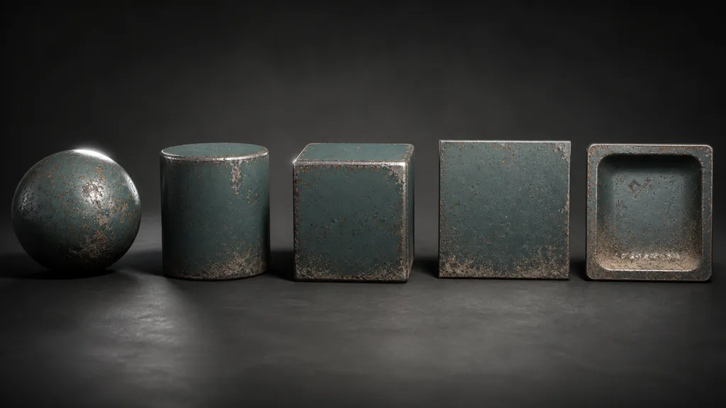 Five test meshes using the same worn teal painted-metal material under frontal and grazing studio light