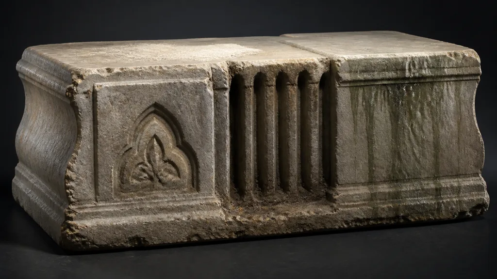 Carved stone block with chipped edges, pale dust on upper faces, dirt in recesses, and damp vertical streaks