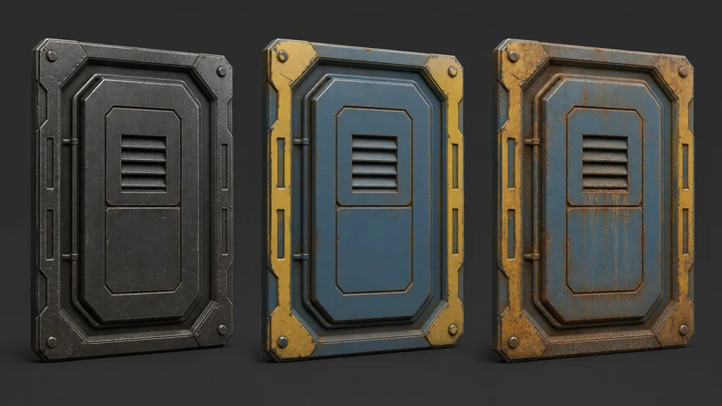 Three matching industrial panels showing bare metal, intact primer and paint, then weathered paint with rust and streaks