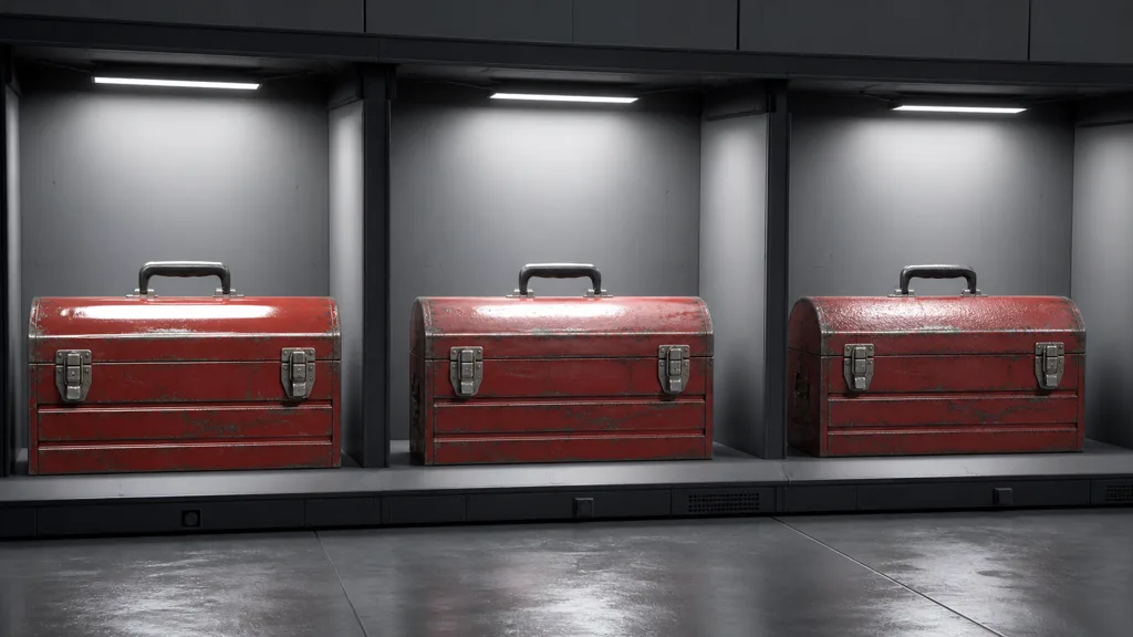 Three matching worn red metal toolboxes in neutral render bays showing subtle changes in gloss and surface detail