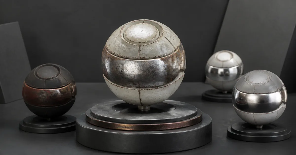 Four worn metal and ceramic material spheres in a neutral validation studio with visibly different surface responses