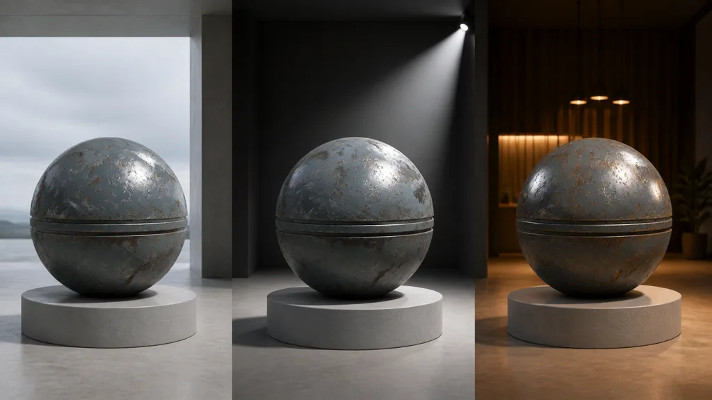 The same worn metal sphere under overcast daylight, a hard studio light, and warm indoor reflections