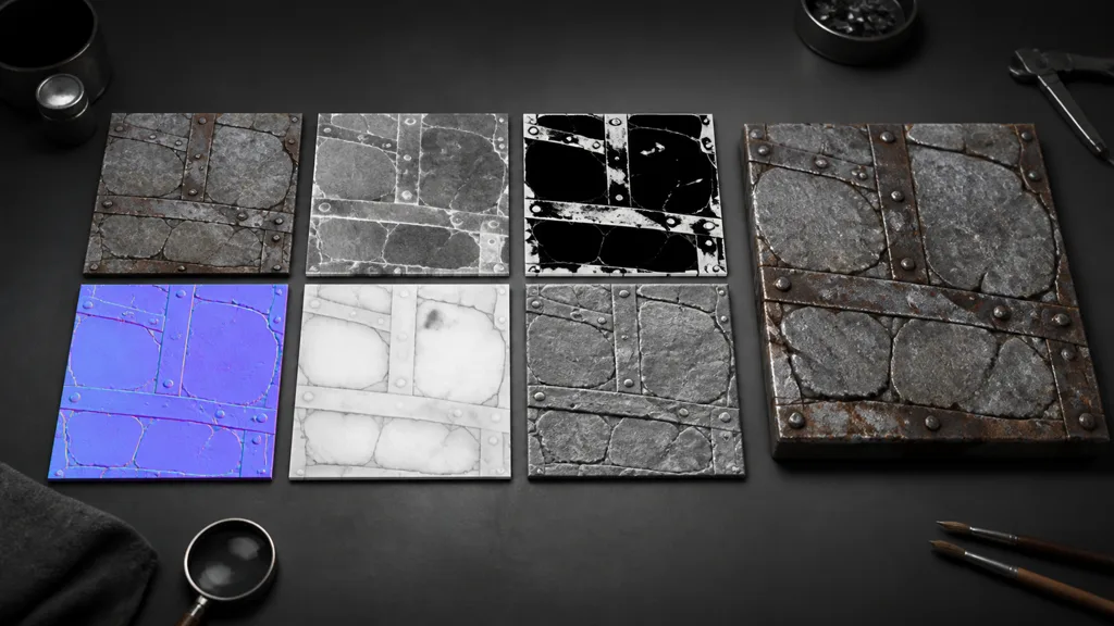 Six coordinated PBR map tiles beside a rendered stone and rusted metal material sample on a dark inspection bench