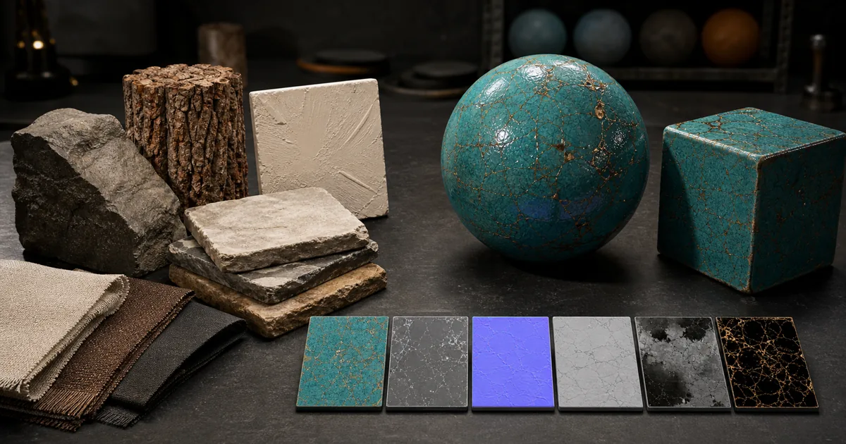 Curated rock, bark, plaster, stone, and fabric samples beside a custom turquoise material on a sphere, cube, and six PBR map swatches