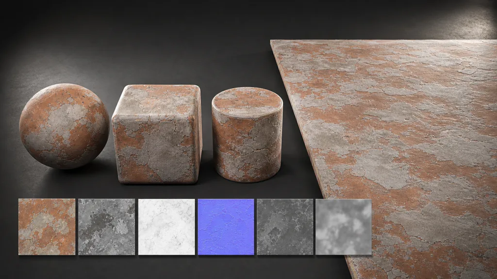 Weathered terracotta and gray plaster material tested on a sphere, beveled cube, cylinder, repeated plane, and six PBR map swatches
