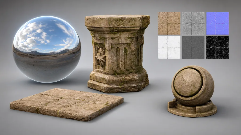Panoramic outdoor lighting sphere, weathered stone model, tileable floor slab, material preview sphere, and six coordinated PBR map swatches