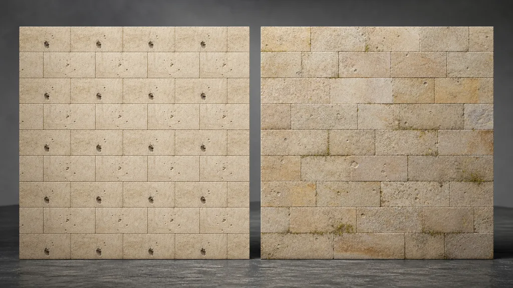 Two limestone block walls showing one dark flaw repeated in a grid beside varied blocks with restrained colour and weathering changes