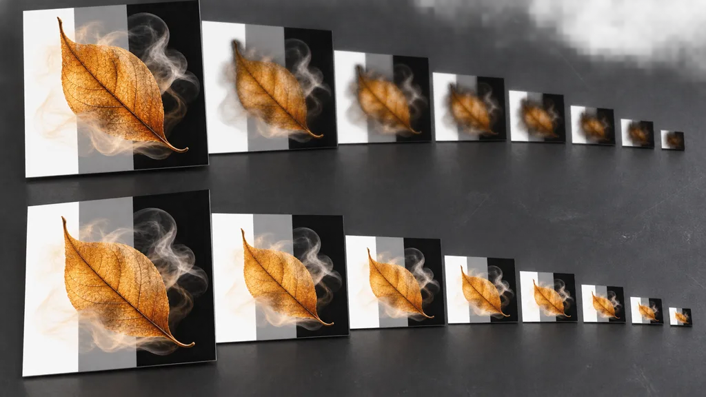 Two descending mip chains of an amber leaf and smoke card tested over white gray and black backgrounds