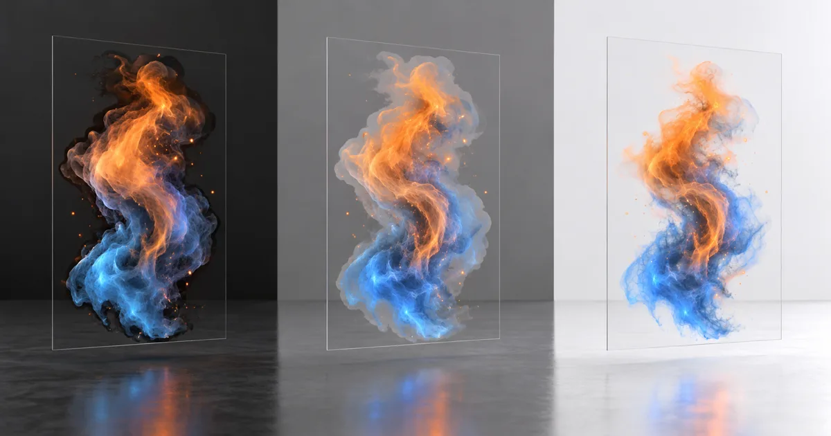 Three matching orange and blue smoke sprites composited over black, gray, and white test panels