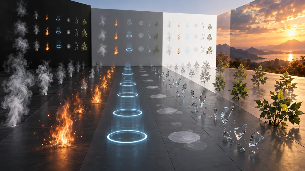 Rendering test yard with smoke fire holograms soft decals glass and foliage repeated over dark gray white and bright sunset backgrounds