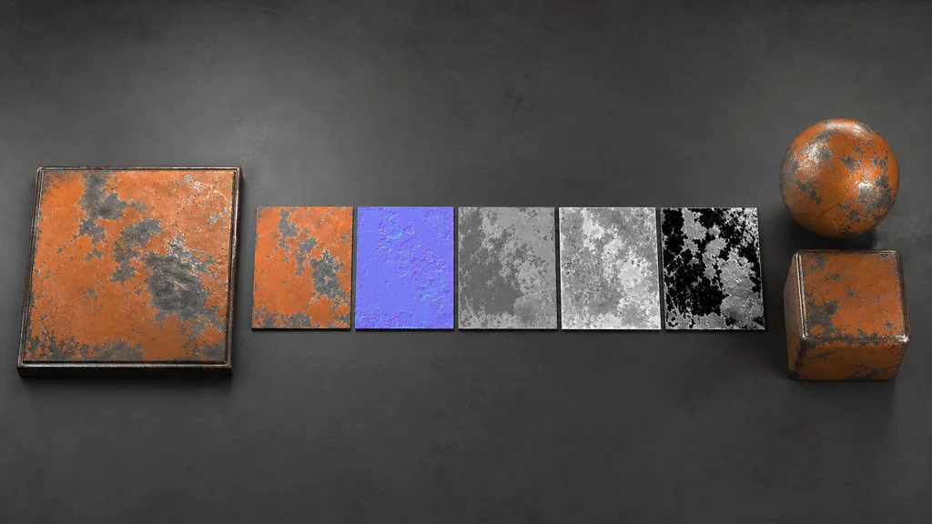 Weathered orange painted-metal reference, aligned base-color, normal, roughness, height, and metalness map tiles, and the finished material on a sphere and cube