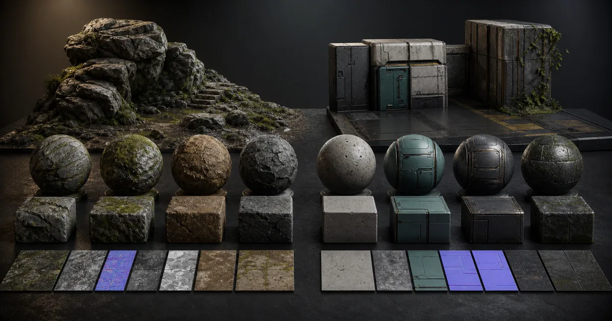 Natural rock scans and custom sci-fi materials displayed on spheres, cubes, map tiles, and small environment sets in a dark material lab