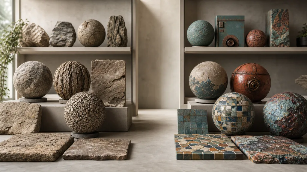 Natural scanned rock, bark, gravel, and cracked soil samples arranged opposite custom painted, metal, mosaic, and mineral materials