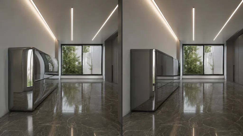 Side-by-side modern interior showing warped spherical cubemap projection and aligned box-projected reflections