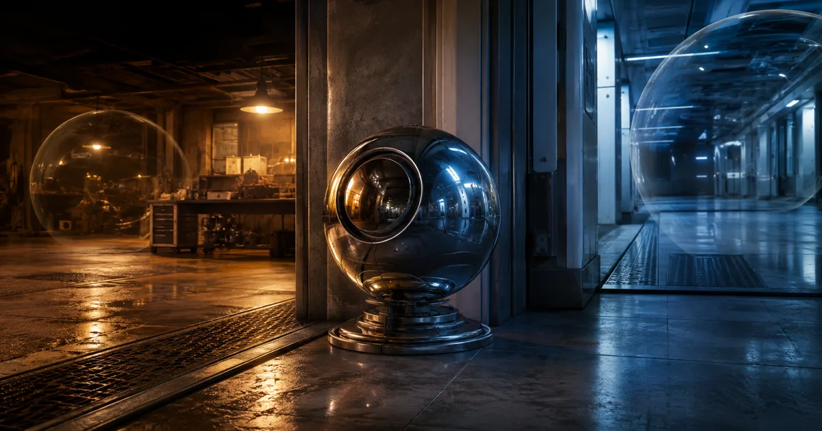 Glossy metal prop reflecting warm workshop and cool corridor environments at a doorway