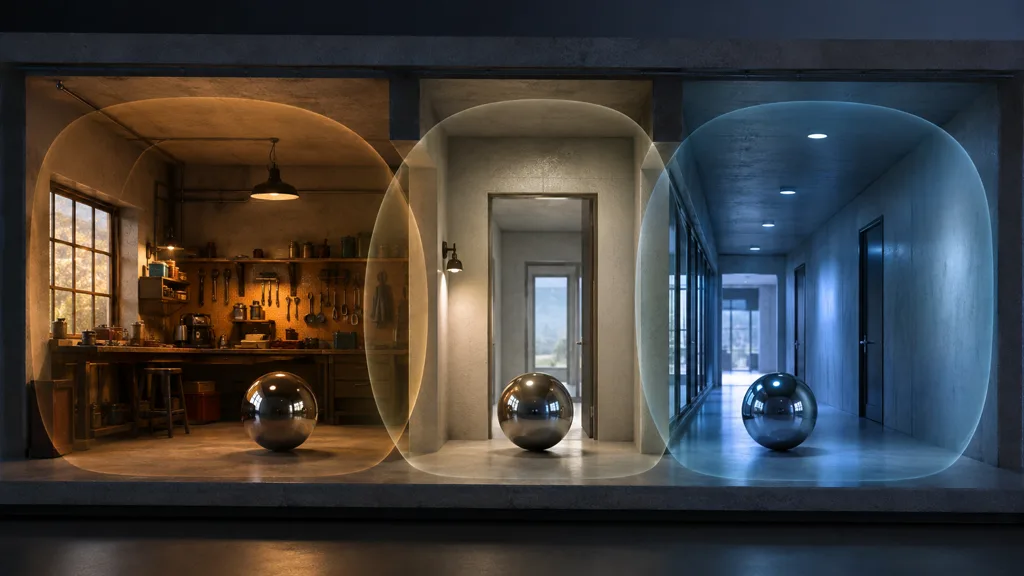 Three connected warm neutral and cool rooms with overlapping probe volumes and reflective spheres