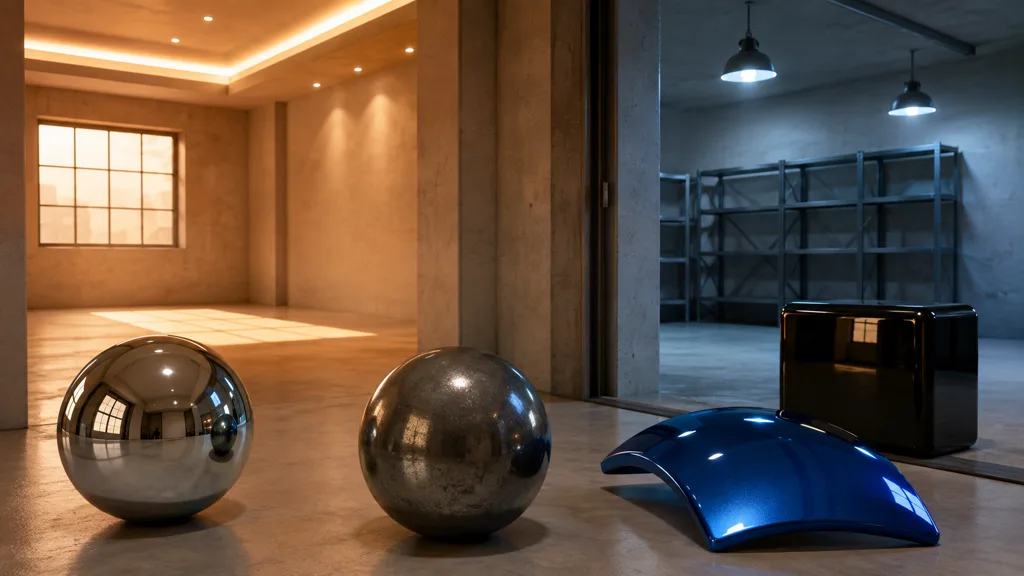 Chrome rough metal black gloss and blue car-paint test objects across warm and cool rooms