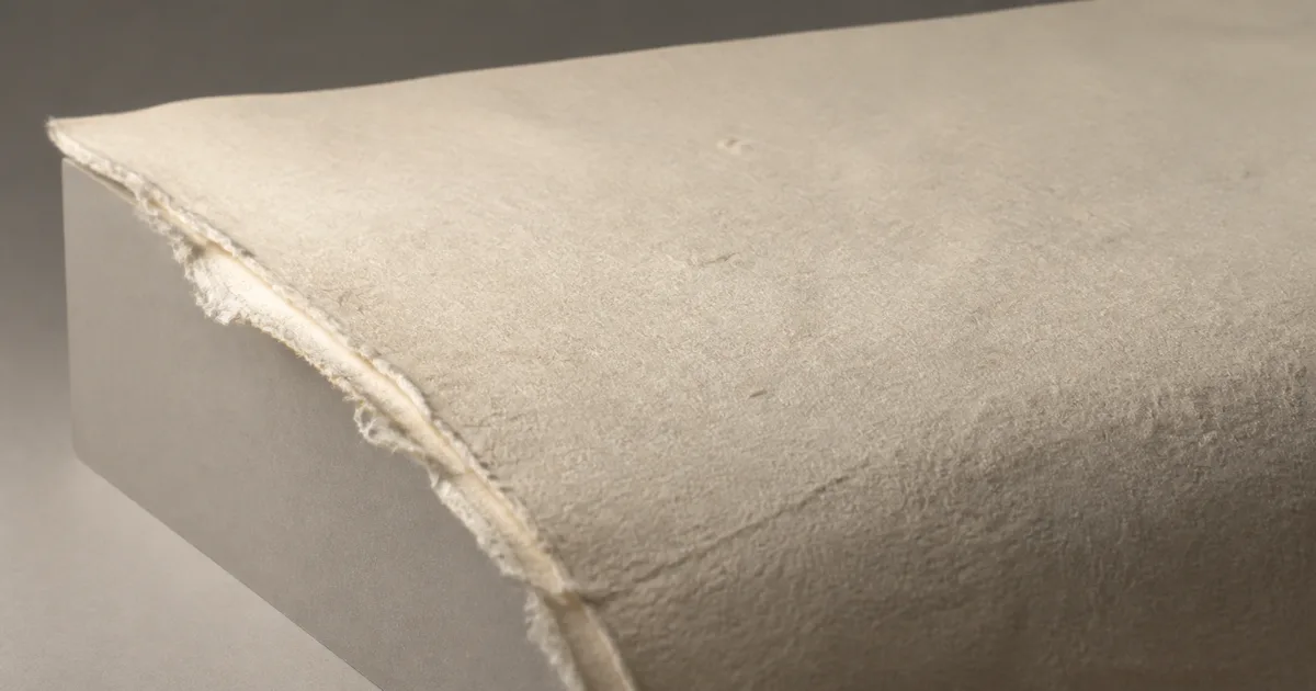 Warm off-white handmade paper draped over a low block with visible pulp fibers and a soft deckled edge