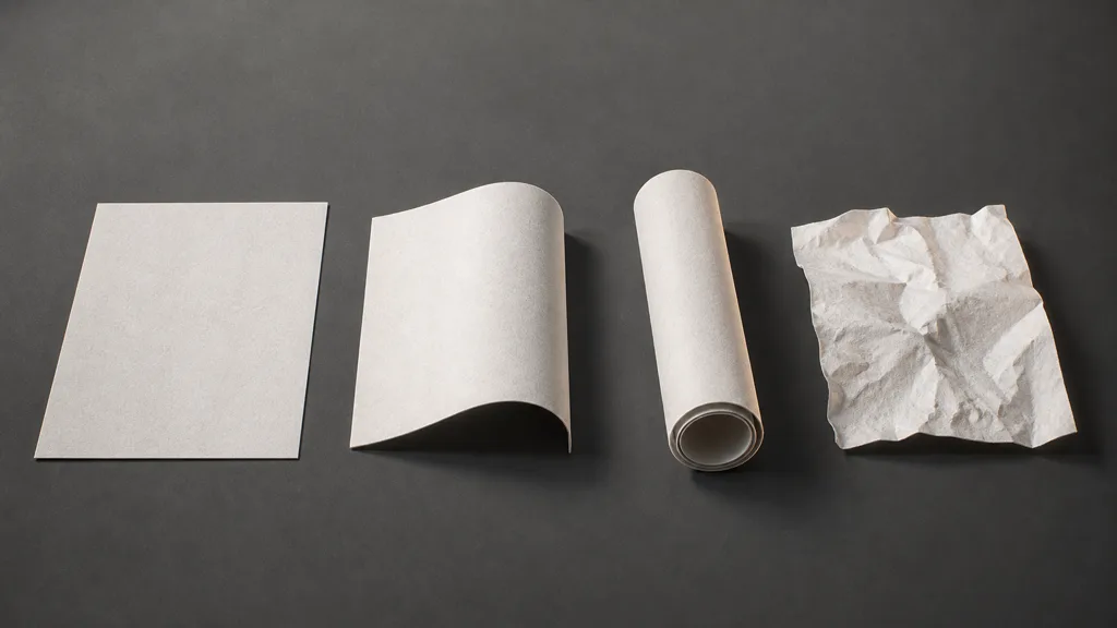 Four matching paper test forms shown flat, gently bent, tightly rolled, and crumpled under grazing studio light