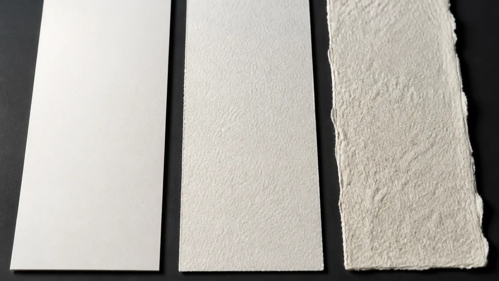 Three unprinted paper stocks progressing from smooth compressed stock to softly toothy paper and coarse handmade fiber paper