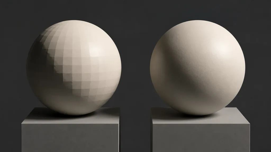 Two ivory spheres under identical light, with faceted shadow breakup on the coarse sphere and a smooth terminator on the dense sphere