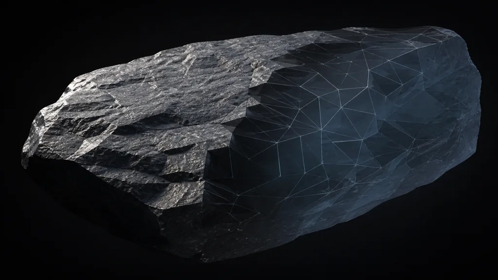Dark basalt rock cutaway revealing coarse triangular mesh beneath a smoothly shaded surface