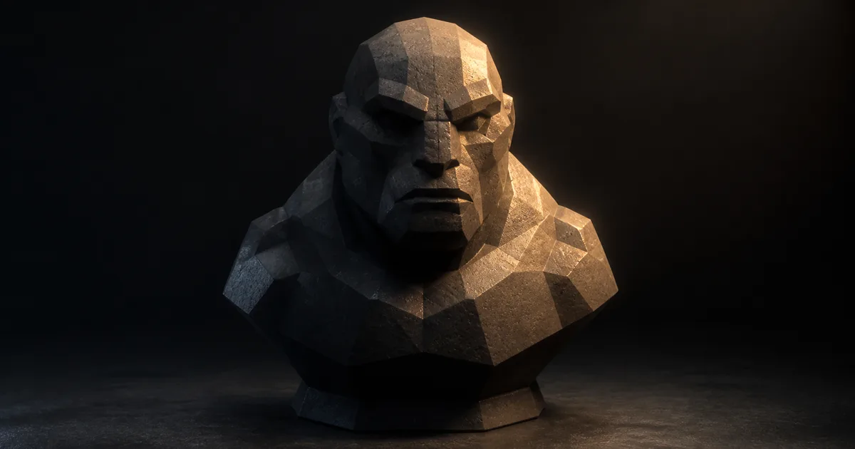 Faceted stone creature bust crossing from hard warm light into deep polygon-shaped shadow