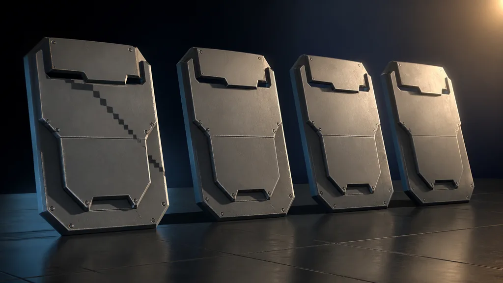 Four matching gunmetal armor panels under hard warm light, progressing from stepped shadow breakup to clean illumination