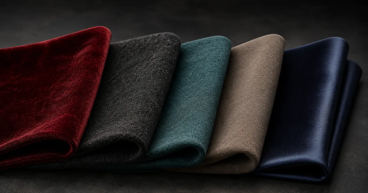 Folded velvet, wool, felt, microfiber, and satin swatches showing soft colored edge reflections under long studio lights