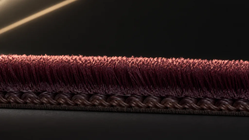 Macro cross-section of dense burgundy velvet fibers rising above a woven base and catching a bright grazing light along their tips