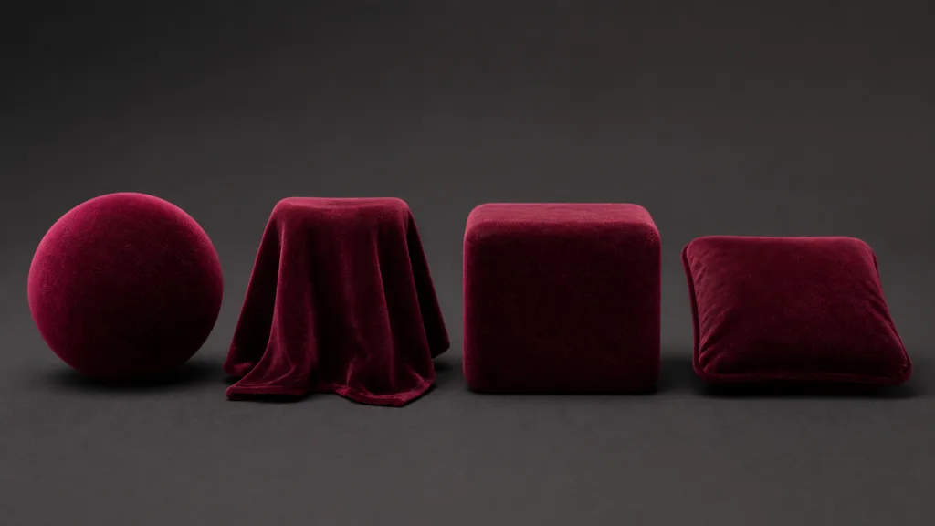 Burgundy velvet material applied to a sphere, folded drape, rounded block, and upholstered cushion under frontal and grazing studio lights