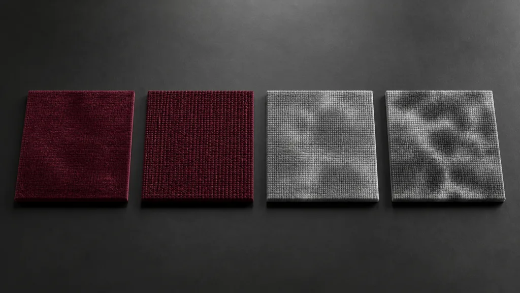 Coordinated burgundy fabric swatches showing base color, fine weave normal relief, grayscale roughness, and irregular fiber coverage under neutral studio light