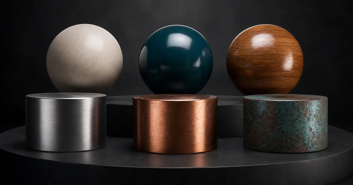 Studio material samples of ceramic, plastic, varnished wood, aluminum, copper, and oxidized metal reflecting the same soft light differently