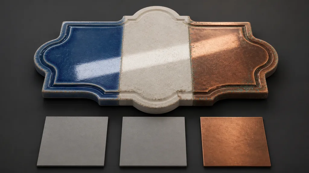 Glazed blue ceramic, ivory plaster, and bare copper tile beside two neutral dielectric reflectance swatches and one warm copper specular swatch
