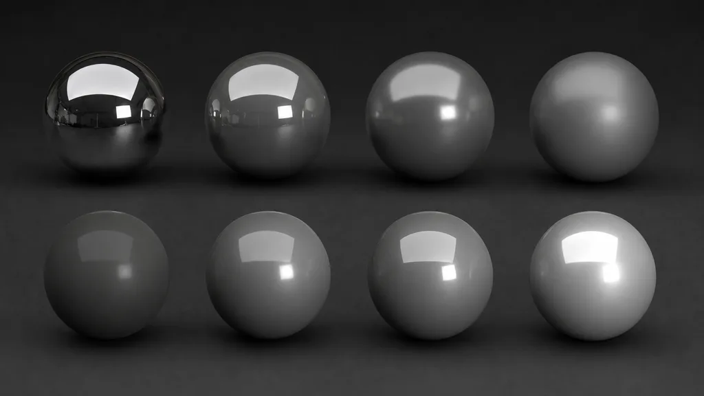 Two rows of gray material spheres showing roughness widening a reflection across the top and specular level changing reflection strength across the bottom