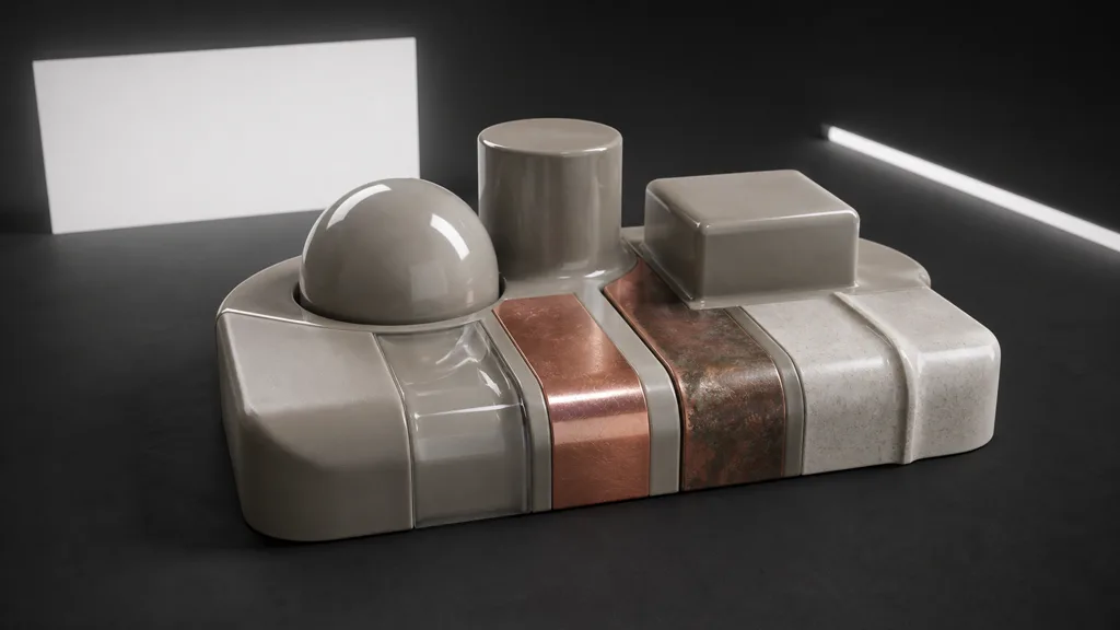 Material validation rig with curved, cylindrical, beveled, grooved, painted, ceramic, copper, and oxidized regions under broad and grazing lights