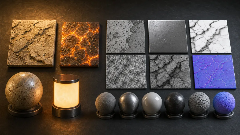 Natural-color stone and emissive tiles beside grayscale mask tiles and a purple normal-map tile under different studio lighting