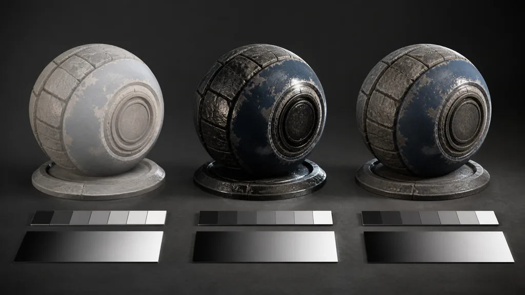 Three identical painted stone material spheres showing pale, over-glossy, and correctly balanced shading above grayscale value ramps