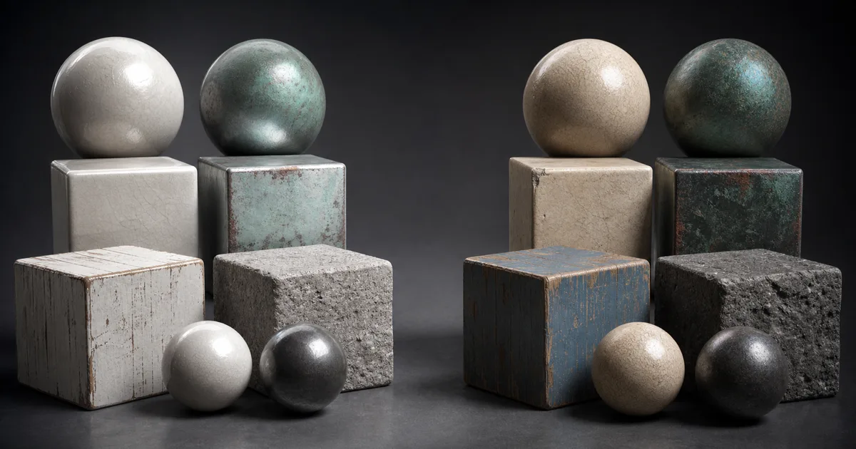 Two matching groups of stone, ceramic, wood, and oxidized metal samples with incorrect pale shading on the left and balanced PBR response on the right