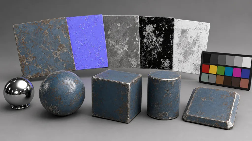 Weathered blue metal material applied to a sphere, cube, cylinder, and beveled plane beside matching color, normal, and grayscale map tiles