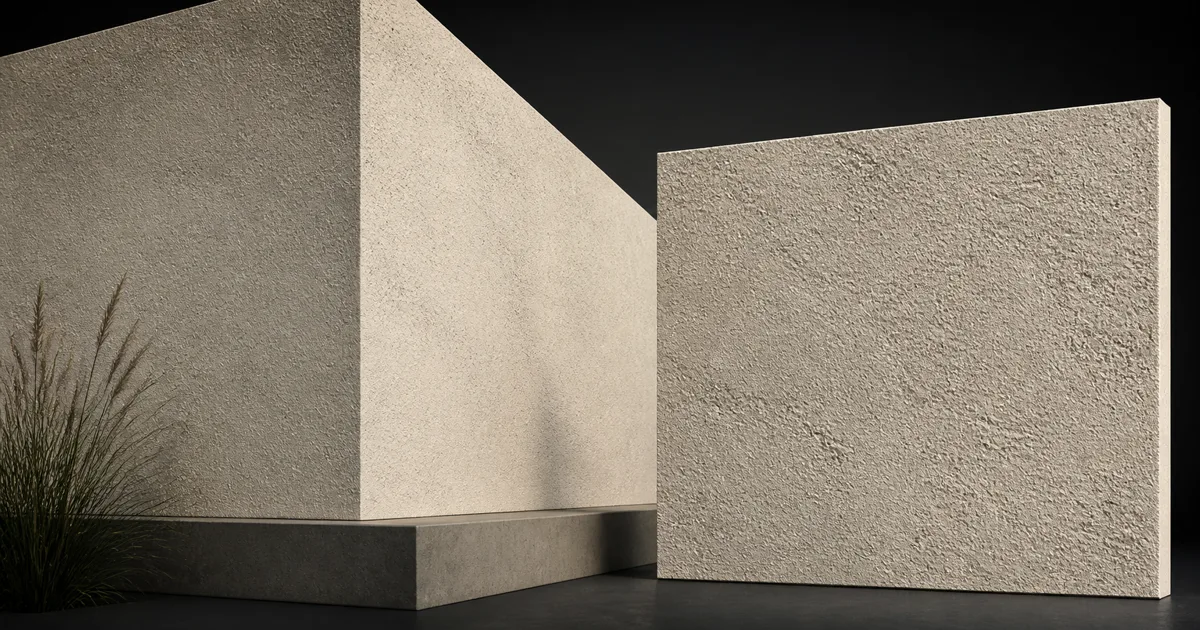 Warm off-white stucco covering modern architectural walls and a large material slab under grazing studio light