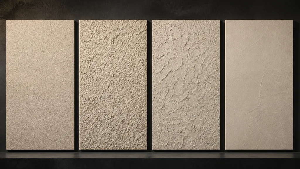 Four warm-neutral stucco sample panels showing fine sand, coarse aggregate, lace, and smooth troweled finishes