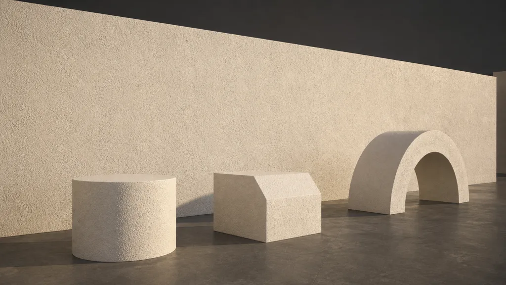 Off-white seamless stucco applied to a long wall, cylinder, beveled block, and arch under low grazing sunlight