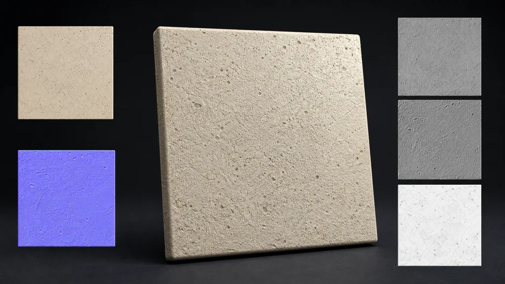 Fine stucco material slab surrounded by aligned base-color, normal, roughness, height, and ambient-occlusion swatches
