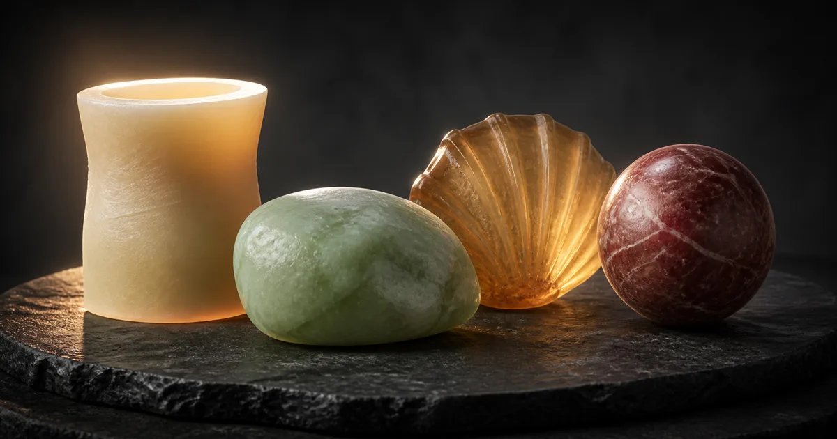 Ivory wax, pale green jade, amber resin, and red marble samples glowing softly at thin edges under studio backlighting