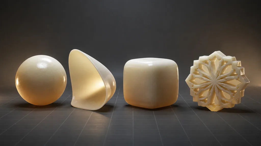 One ivory wax material applied to a sphere, thin folded shell, rounded cube, and detailed rosette under neutral and back lighting