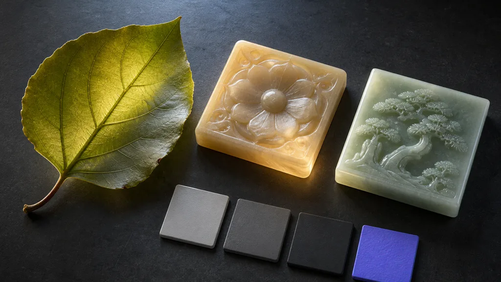 A backlit leaf, carved wax tile, jade relief, grayscale mask tiles, and a purple normal-map tile arranged in a material lab
