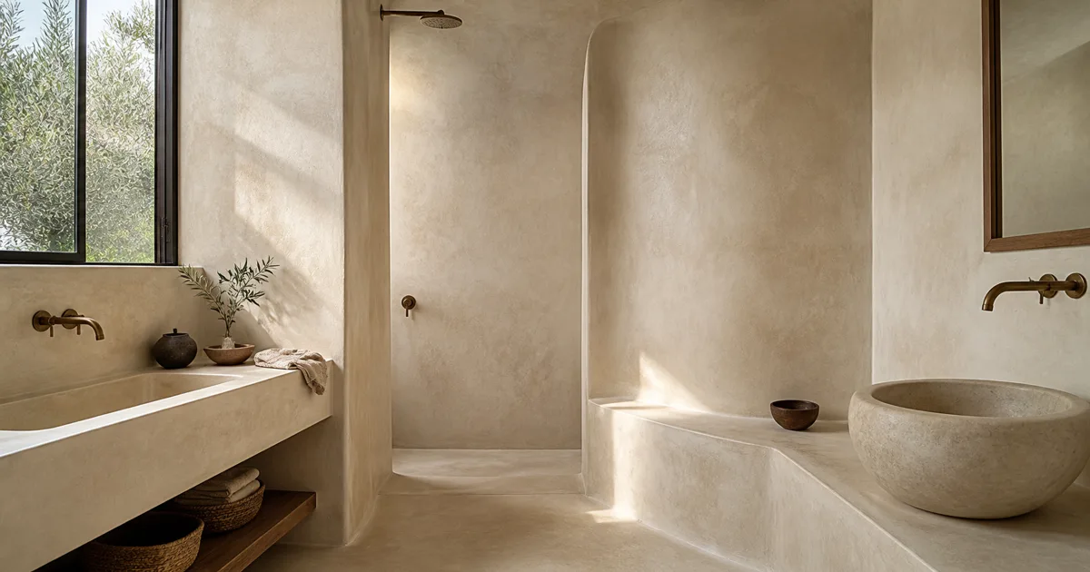 Contemporary bathroom finished in warm seamless tadelakt plaster with curved walls, built-in benches, and soft daylight