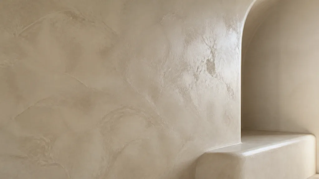 Close view of pale tadelakt plaster wrapping a rounded niche and bench under grazing light, revealing overlapping trowel compression
