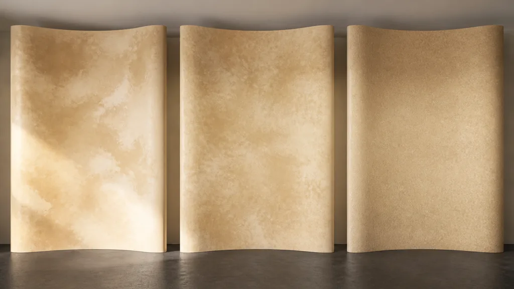 Three curved tadelakt test walls comparing oversized blotches, balanced broad variation, and overly fine noisy detail